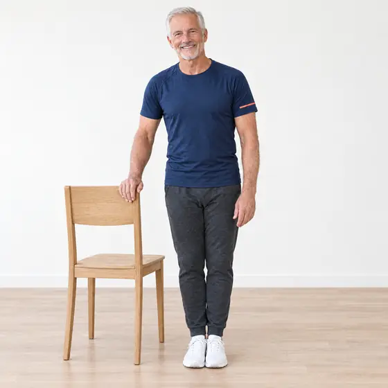Feet-Together Stand: Stand tall next to the chair, hand on the backrest.
