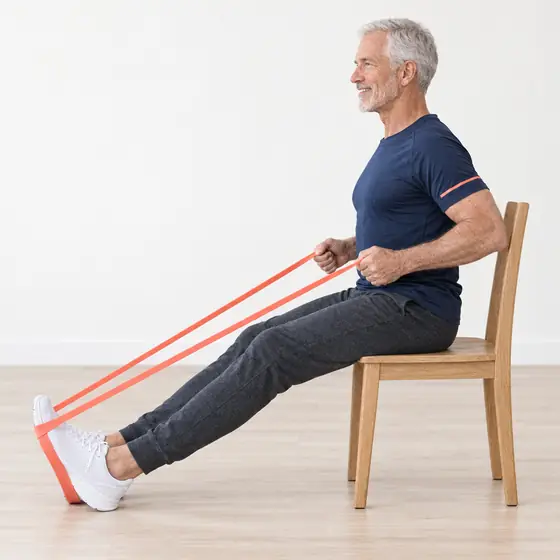 Band Seated Row: Sit tall, legs out, band around the soles of your feet.