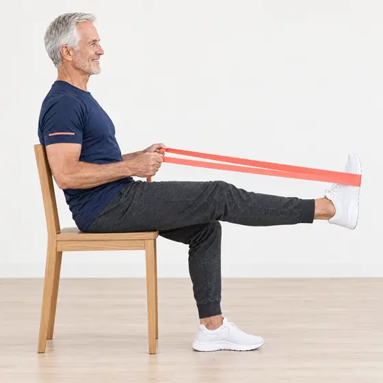 Band Leg Press: Sit tall, band around one foot, an end in each hand.