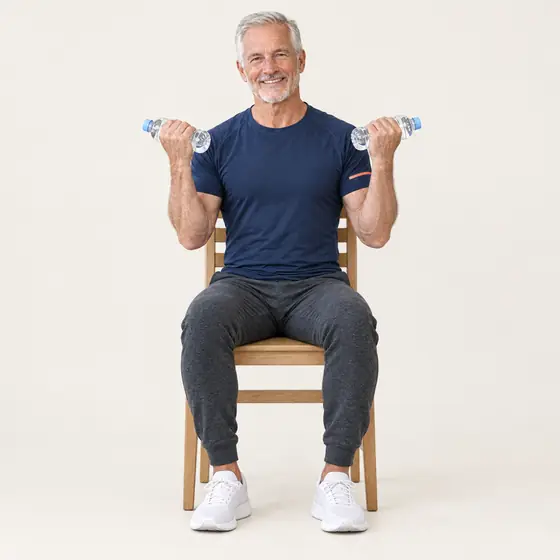 Bicep Curl: Sit tall, arms by your sides, palms facing forward.