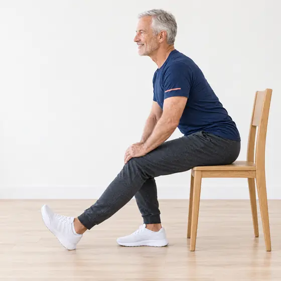 Seated Hamstring Stretch: Sit at the front of the chair, one leg straight, heel down, toes up.