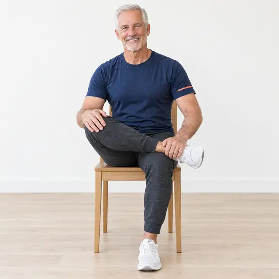 Seated Figure-4 Stretch: Sit tall, feet flat.