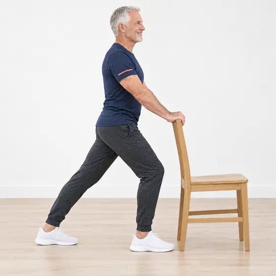 Calf Stretch: Hold the chair back, step one foot back.
