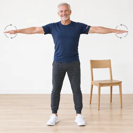Arm Circles: Stand tall, arms out to the sides at shoulder height, no weights.