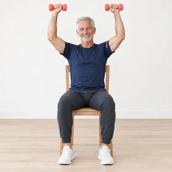 Seated Overhead Press: Sit tall, dumbbells at shoulder height, palms forward.