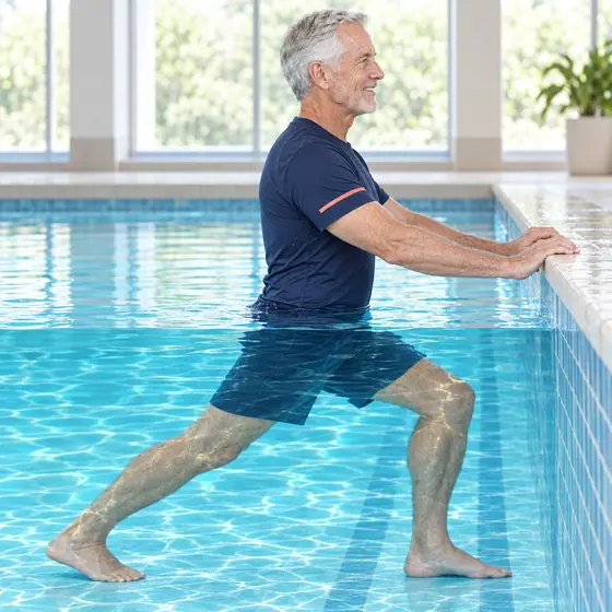 Calf Stretch: Face the wall, hands on the pool edge.
