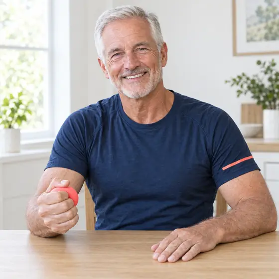 Soft Ball Squeeze: Hold a soft ball in one hand, forearm on the table.