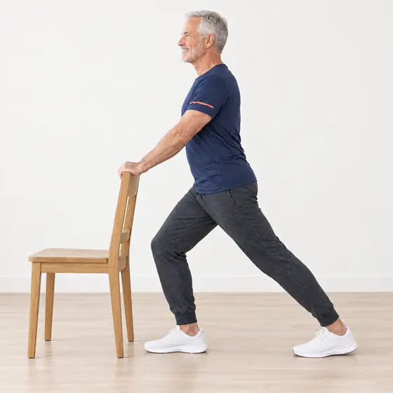 Calf Stretch: Hold the chair back, step one foot back.
