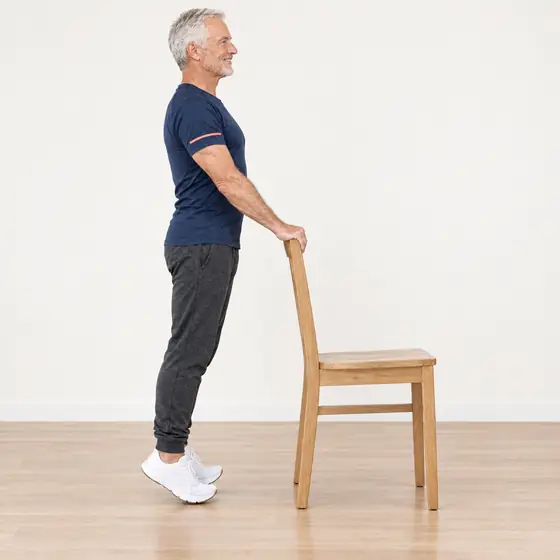 Heel-Toe Rocks: Hold the chair back, feet hip-width apart.